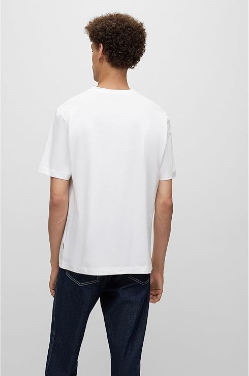 White BOSS men's Teetrury T-shirt, size M, made by 8969, displayed flat showing front view of the casual men's shirt.