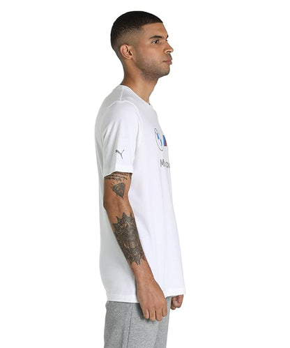 White Puma men's regular fit T-shirt, size M, made of soft cotton fabric, displayed flat on a plain background.