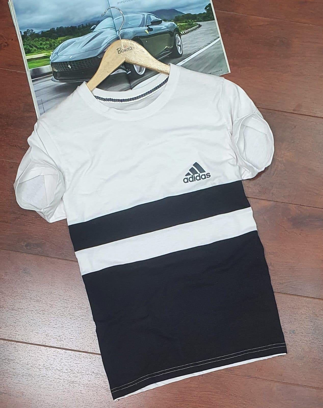 Men's white and navy blue half sleeves T-shirt by 8969, casual cotton shirt for men, front view showing color blocks and fit.