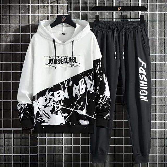 Men's fleece printed tracksuit in black and white by 8969, featuring a comfortable fit and stylish design.