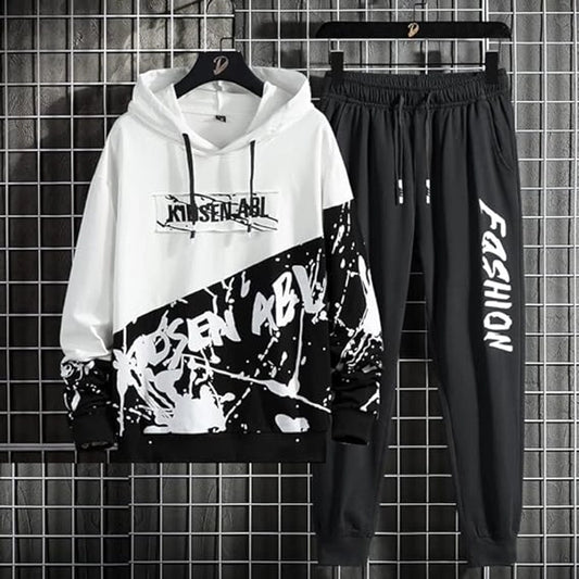 Men's fleece printed tracksuit in black and white by 8969, featuring a comfortable fit and stylish design.