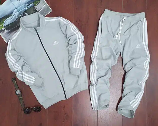 Gray fleece hooded tracksuit for men by 8969, featuring a comfortable fit and casual style in size large.