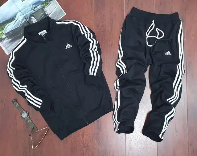 Black fleece hooded men's tracksuit by 8969, includes a zip-up hoodie and matching pants, size large, casual athletic wear.