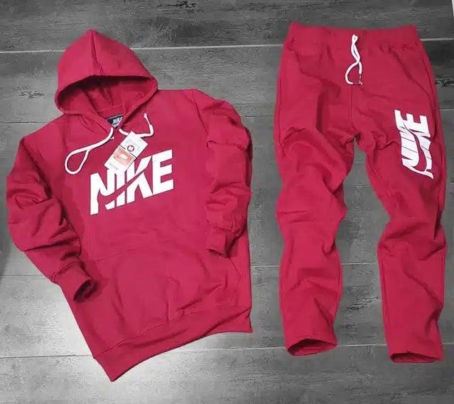 Maroon fleece hooded tracksuit for men by 8969, featuring a comfortable fit and casual style, size large.