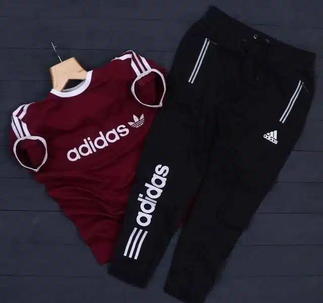 Men's poly blend tracksuit in maroon and black, casual athletic wear by 8969, featuring a comfortable fit and stylish design.