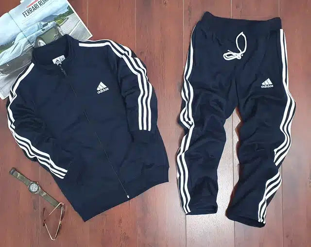 Navy blue fleece hooded tracksuit for men by 8969, featuring a comfortable fit and front zipper in size L.