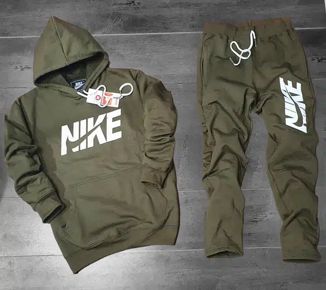 Men's olive fleece hooded tracksuit by 8969, featuring a comfortable zip-up hoodie and matching pants for casual wear.