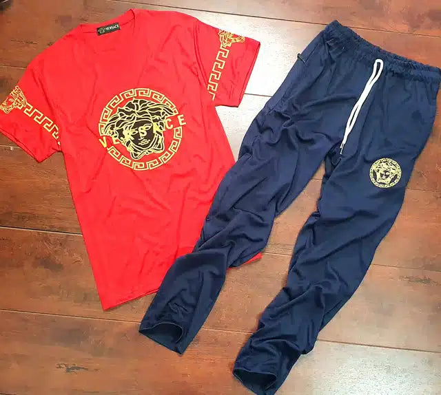Men's poly blend tracksuit in red and blue, size XL, by 8969, featuring a comfortable athletic design.
