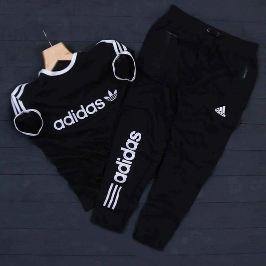 Black Adidas summer men's tracksuit, full view showing lightweight fabric and sporty design for active wear.