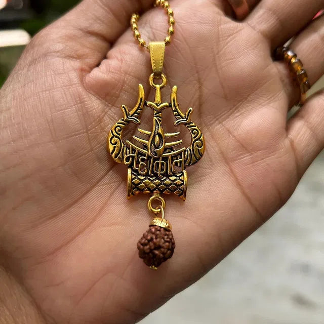 Spiritual Shiva Trishul damaru necklace, traditional Pooja article, with intricate beads and pendant, ideal for spiritual rituals.