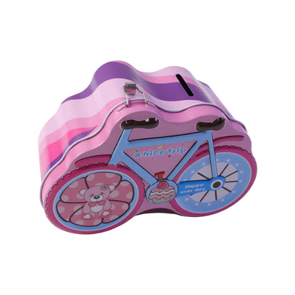 Wukusy bicycle-shaped piggy bank with lock and key, coin slot on top and detailed bicycle design in a metallic finish.