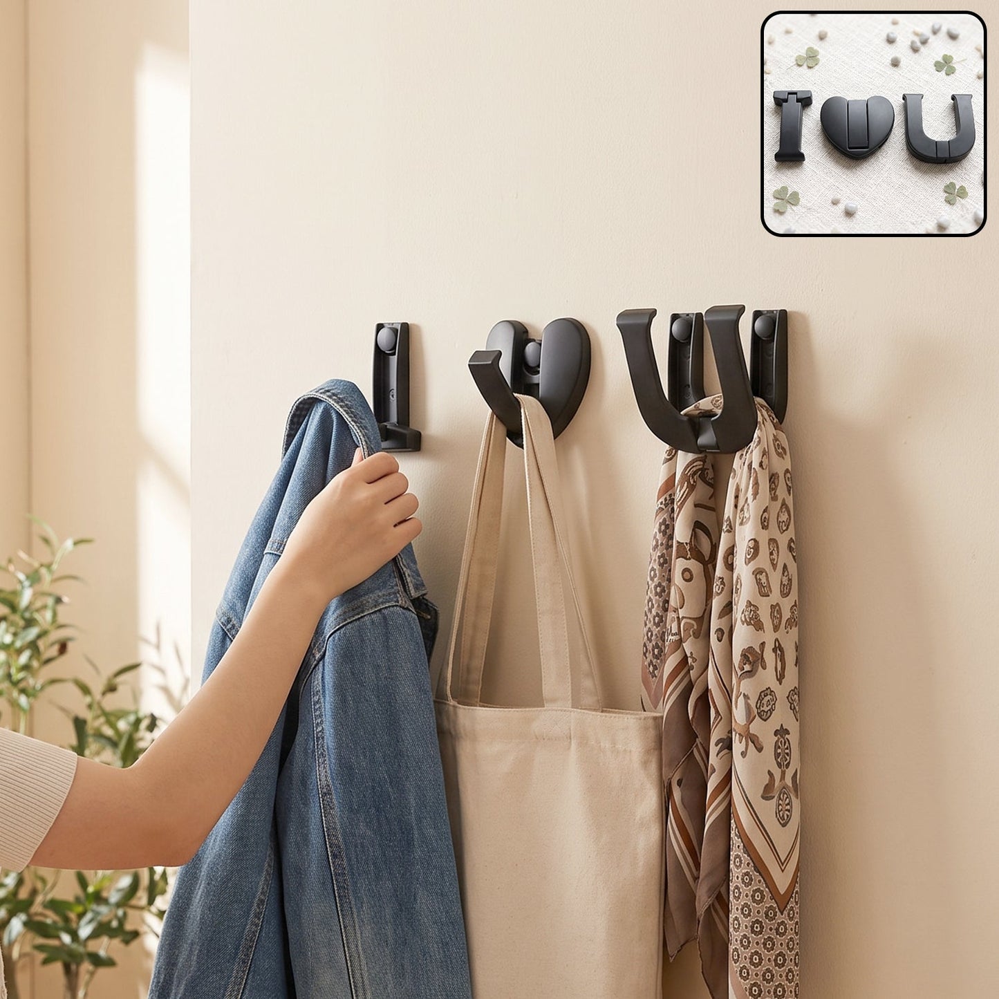 Wukusy premium heavy duty wall hook set with 3 self-adhesive hooks for clothes and bags, mounted on a wall.