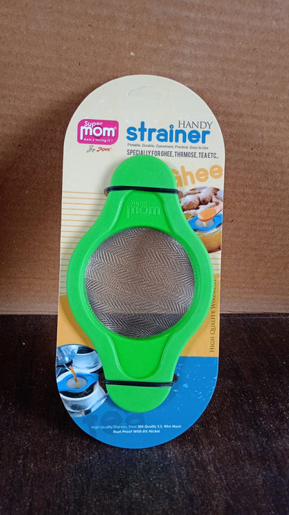 Wukusy stainless steel mesh strainer with dual plastic handles, ideal for straining liquids and fine particles in the kitchen.