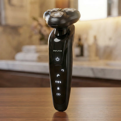 Wukusy rechargeable electric rotary shaver and trimmer set for men with multiple attachments and ergonomic handle.