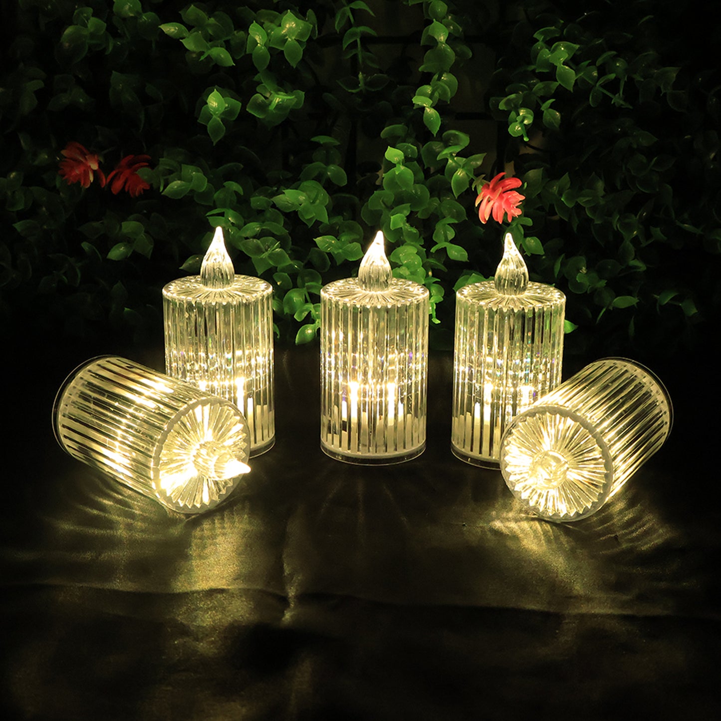 Set of 8 Wukusy crystal effect LED flameless candles for home decor, featuring warm glow and realistic flickering in a stylish display.