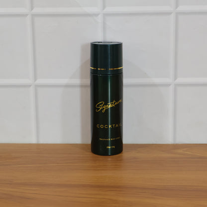 Wukusy Signature Cocktail deodorant body spray 200ml bottle, with sleek design and floral label, on a neutral background.