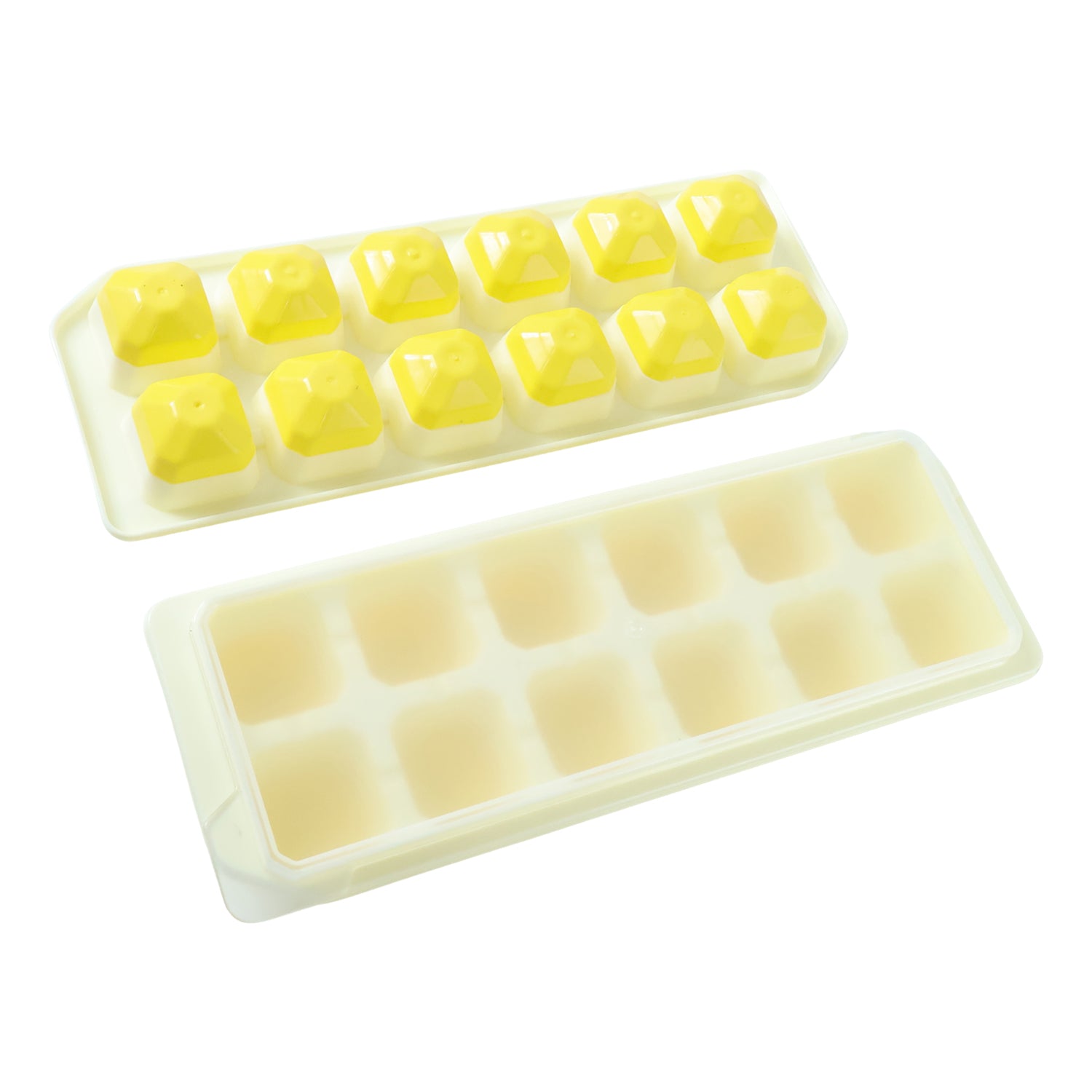 Wukusy 24-grid pop-up ice cube tray set with lids, showing two black trays filled with clear ice cubes ready for use