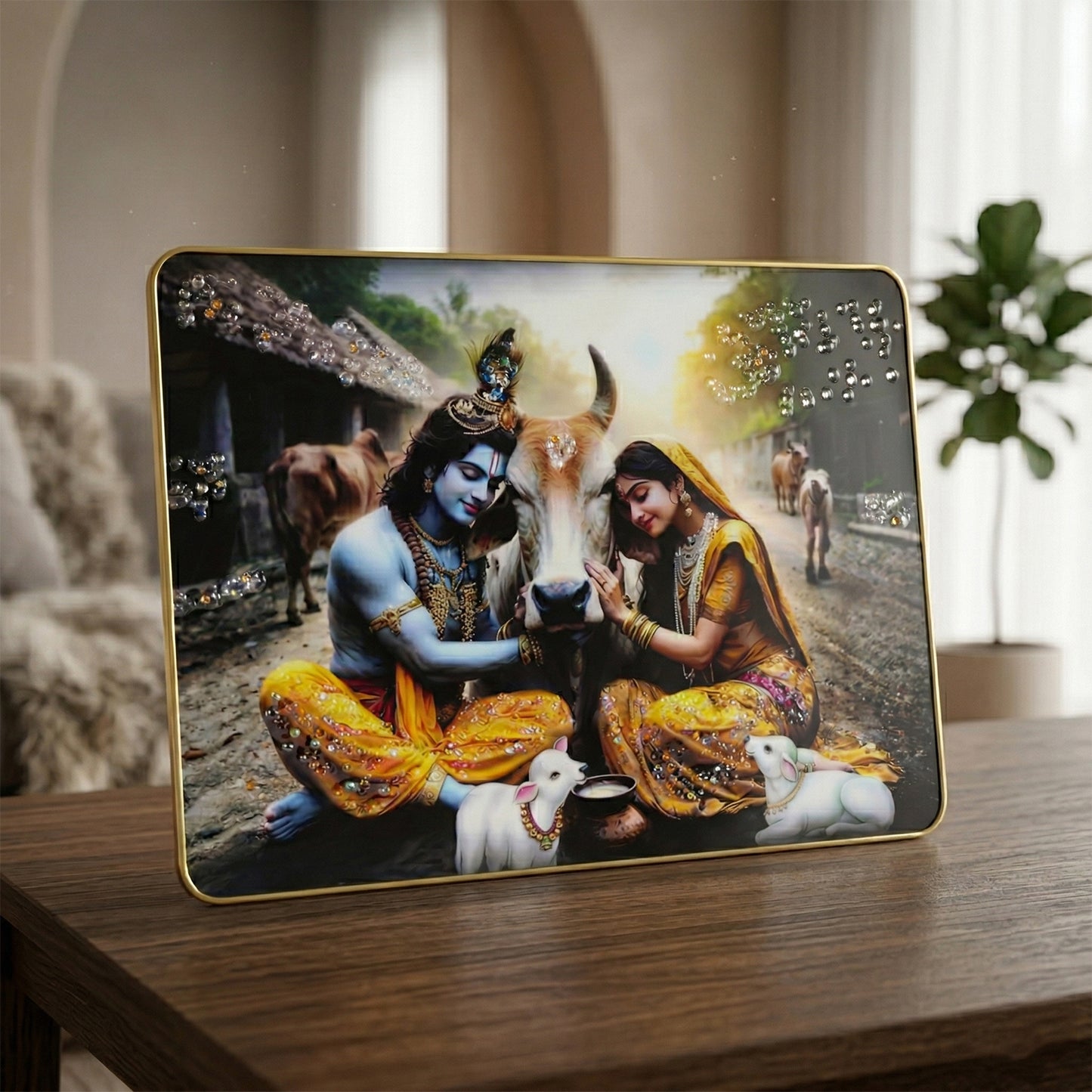 Wukusy Radha Krishna village scene wall art frame showcasing vibrant colors and detailed depiction of Radha and Krishna figures.