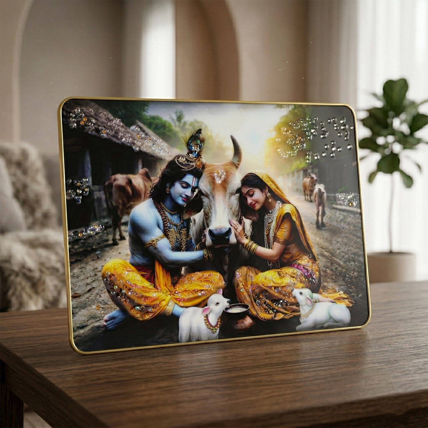 Wukusy Radha Krishna village scene wall art frame showcasing vibrant colors and detailed depiction of Radha and Krishna figures.