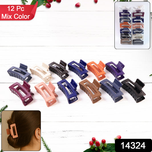 Assorted color matte finish rectangle hair claw clips for women and girls, 12-pack by Wukusy, displayed on a white background.