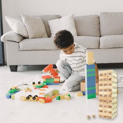 Wukusy numbered wooden tumbling tower game set with colorful blocks arranged for stacking and balancing fun.