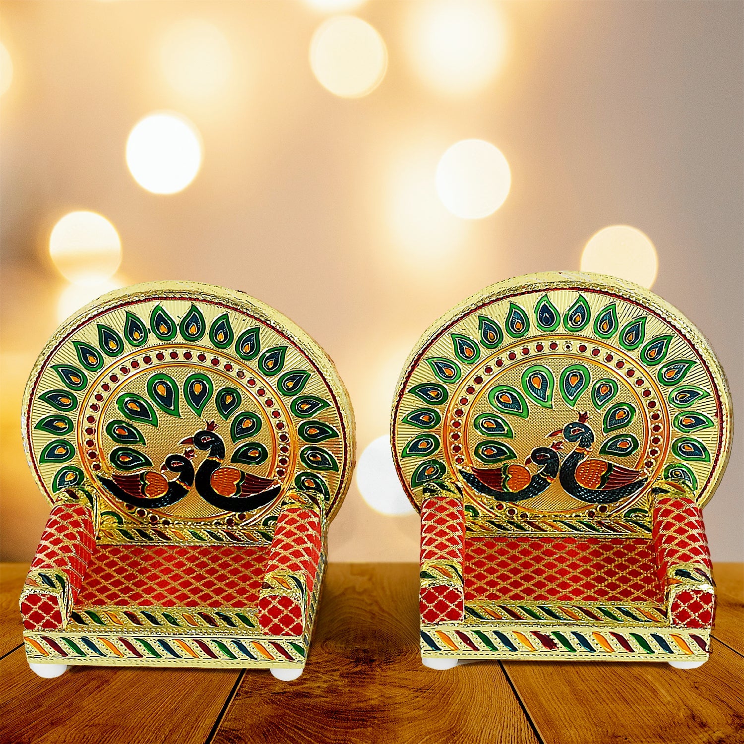 Wukusy Meenakari work Laddu Gopal Singhasan set with wooden Krishna idols for Pooja, decorative home and temple display.
