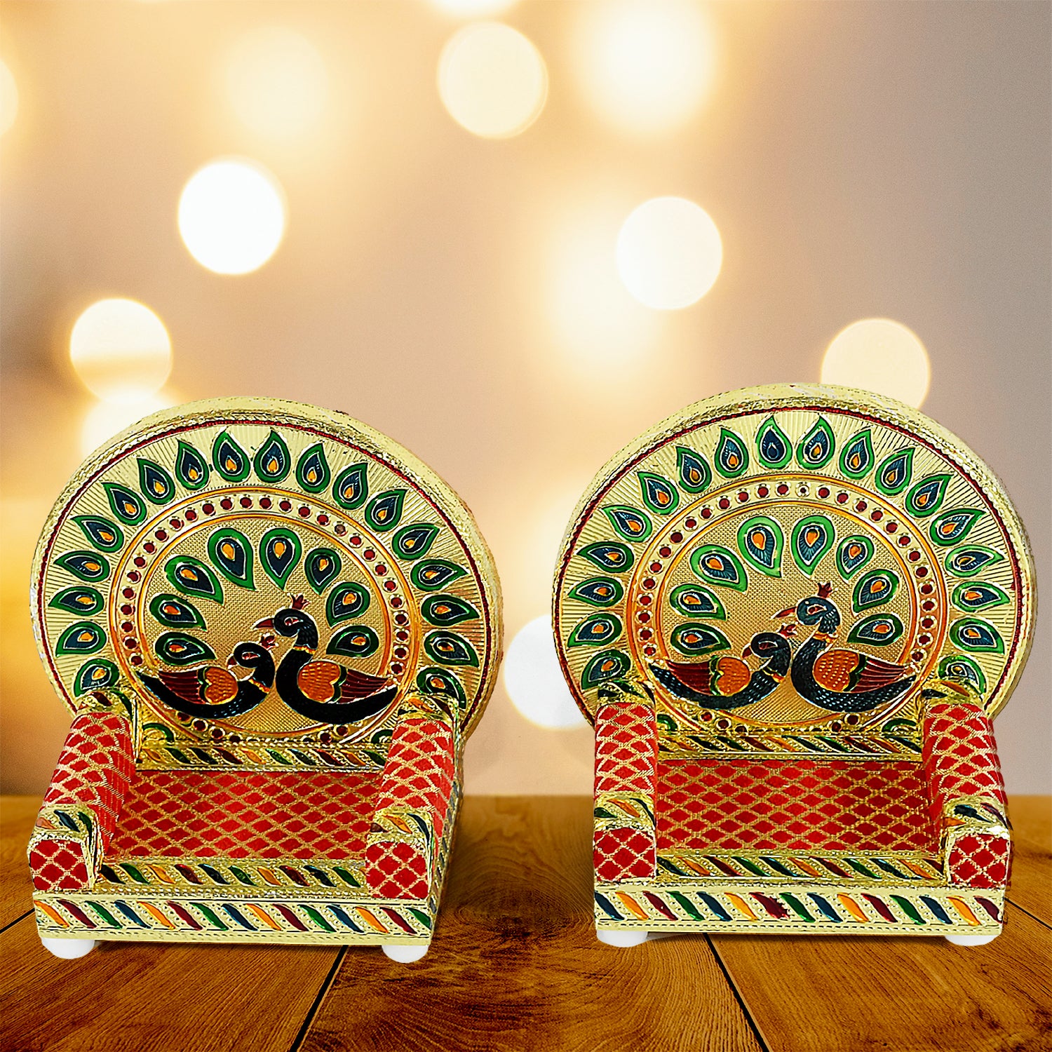 Wukusy Meenakari Work Laddu Gopal Singhasan set with wooden Krishna deity and decorative sofa for pooja mandir or home decor.