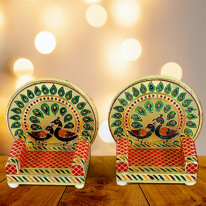 Wukusy Meenakari Work Laddu Gopal Singhasan set with wooden Krishna deity and decorative sofa for pooja mandir or home decor.