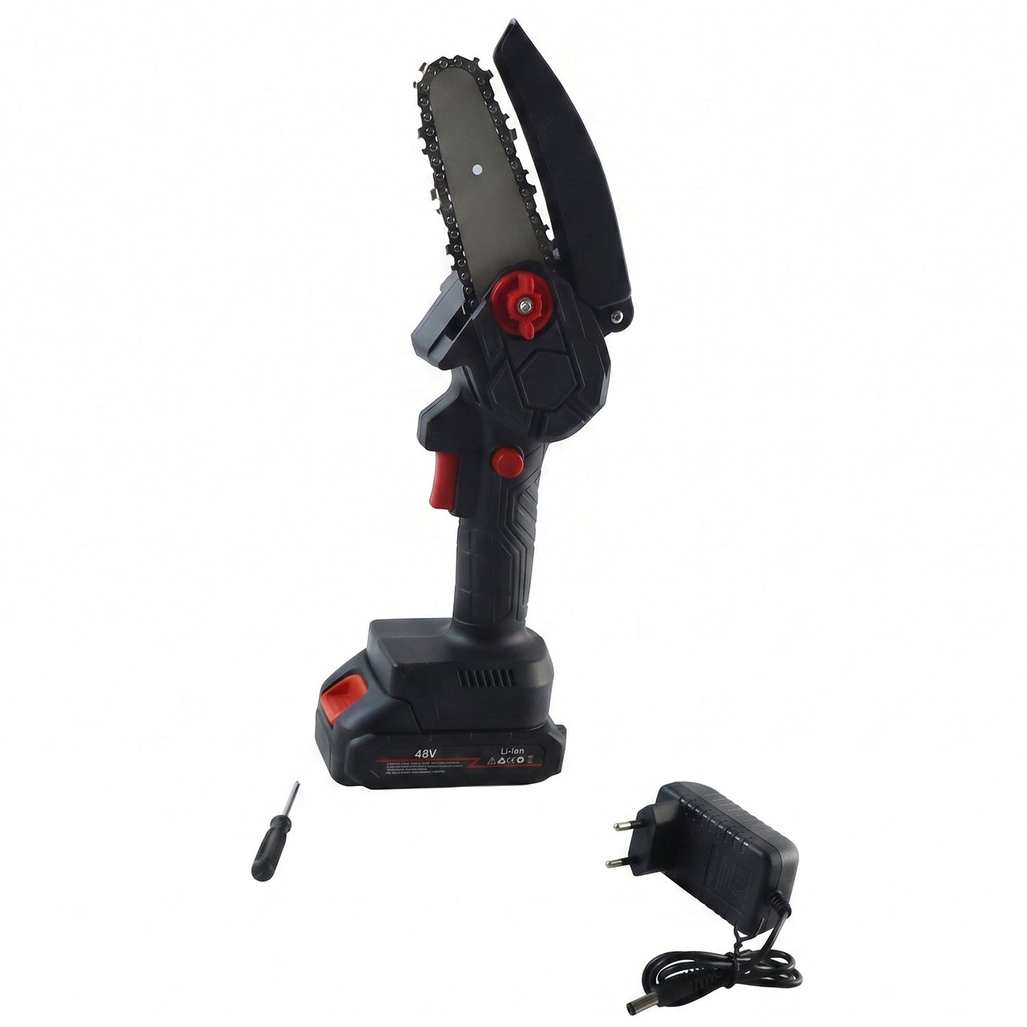 Wukusy mini electric cordless chainsaw with 48V battery for wood cutting, compact design, and safety features in use.