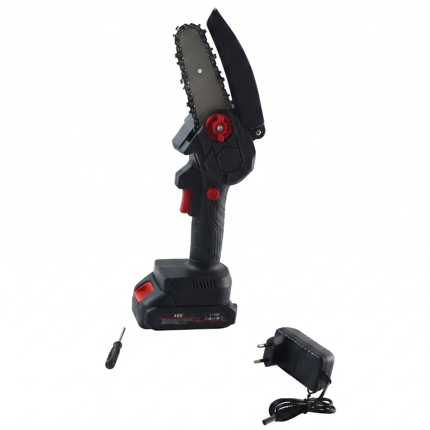 Wukusy mini electric cordless chainsaw with 48V battery for wood cutting, compact design, and safety features in use.