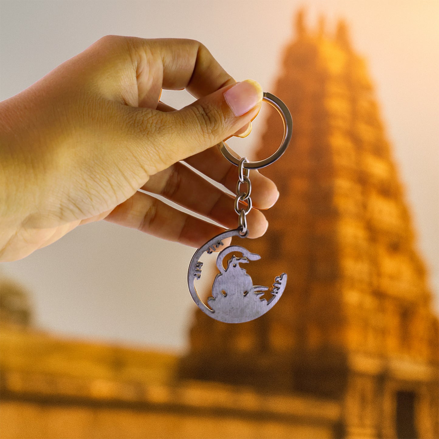 Wukusy Jai Shri Ram metal keychain with Hindu devotional symbol, featuring intricate design and keyring attachment.