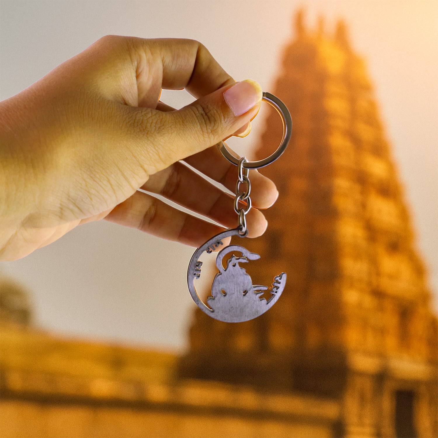 Wukusy Jai Shri Ram metal keychain with Hindu devotional symbol, featuring intricate design and keyring attachment.