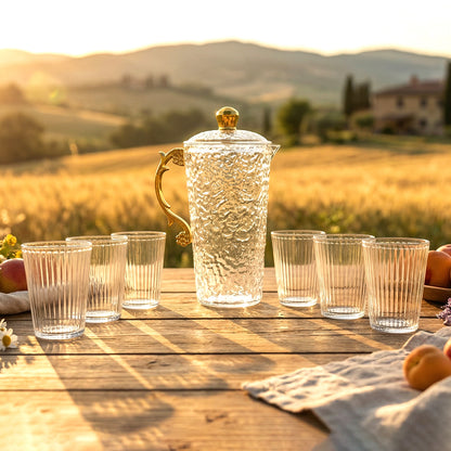 Elegant textured glass water jug with six matching glasses set by Wukusy, showcasing a stylish and functional drinkware collection.