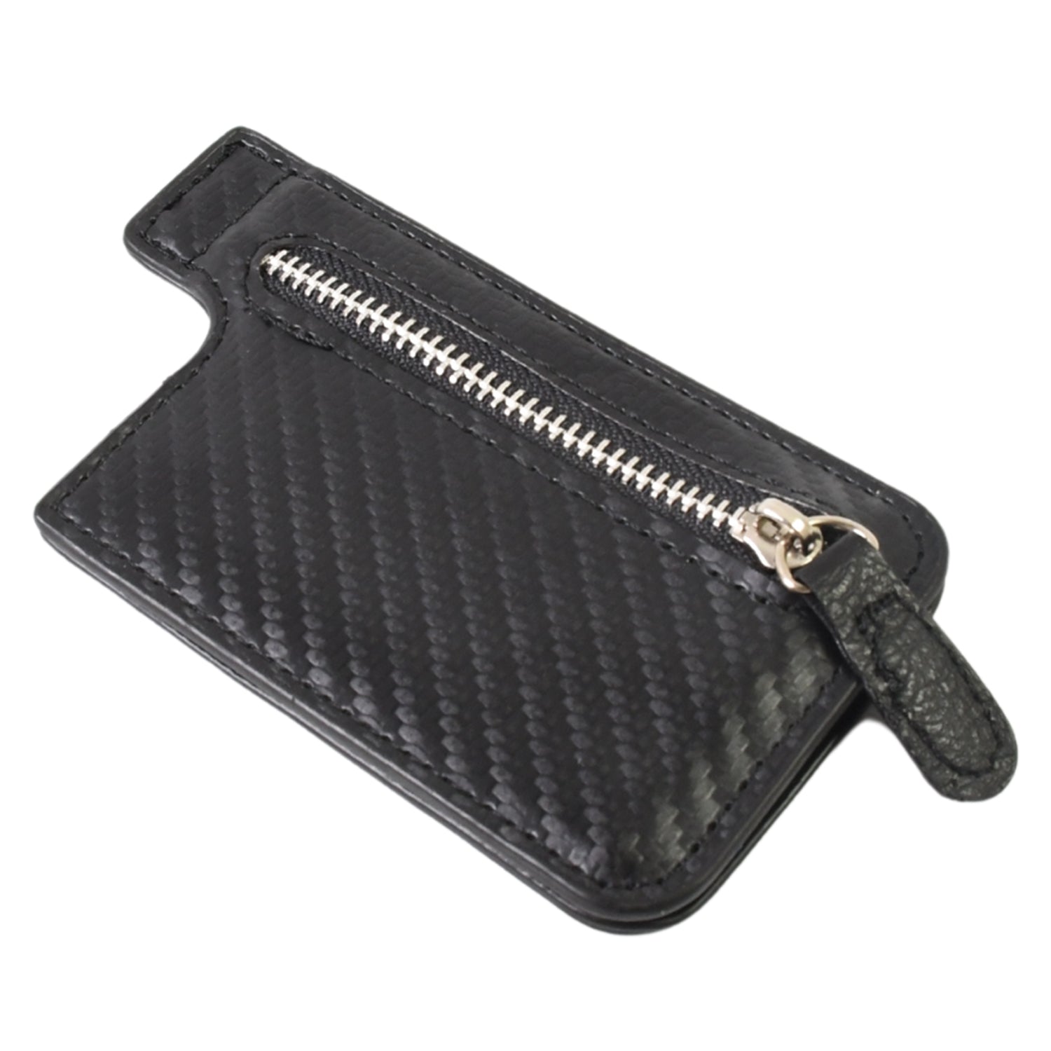 Black Wukusy adhesive card phone holder with wallet attachment attached to a smartphone, designed for carrying cards securely.