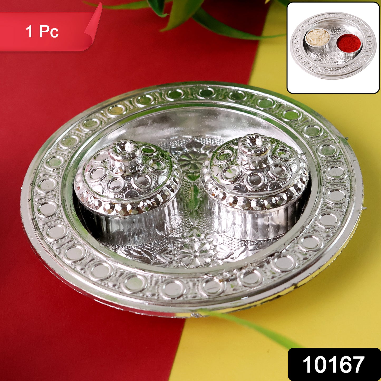Small round Puja Thali holder with Kumkum, featuring intricate design, made by Wukusy for religious ceremonies.