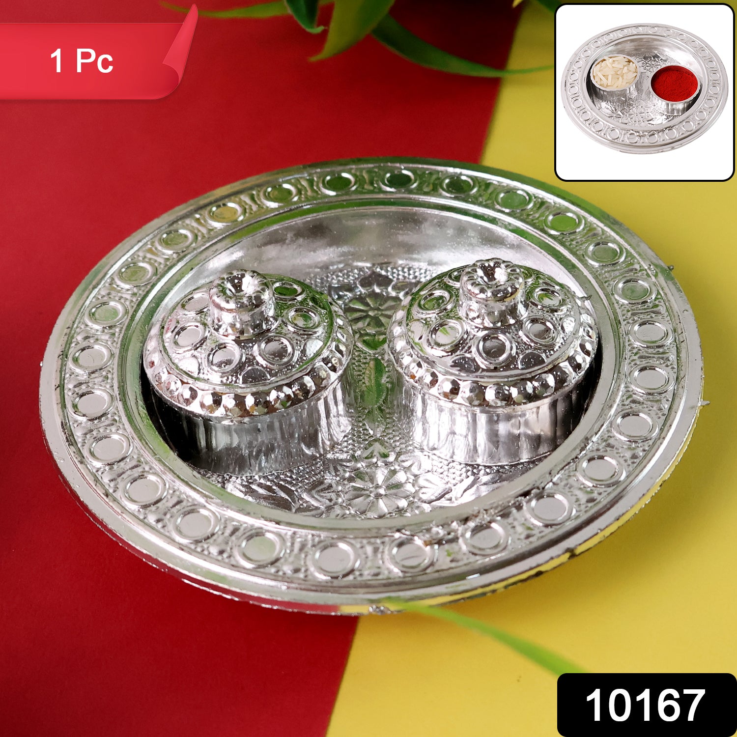 Small round Puja Thali holder with Kumkum, featuring intricate design, made by Wukusy for religious ceremonies.