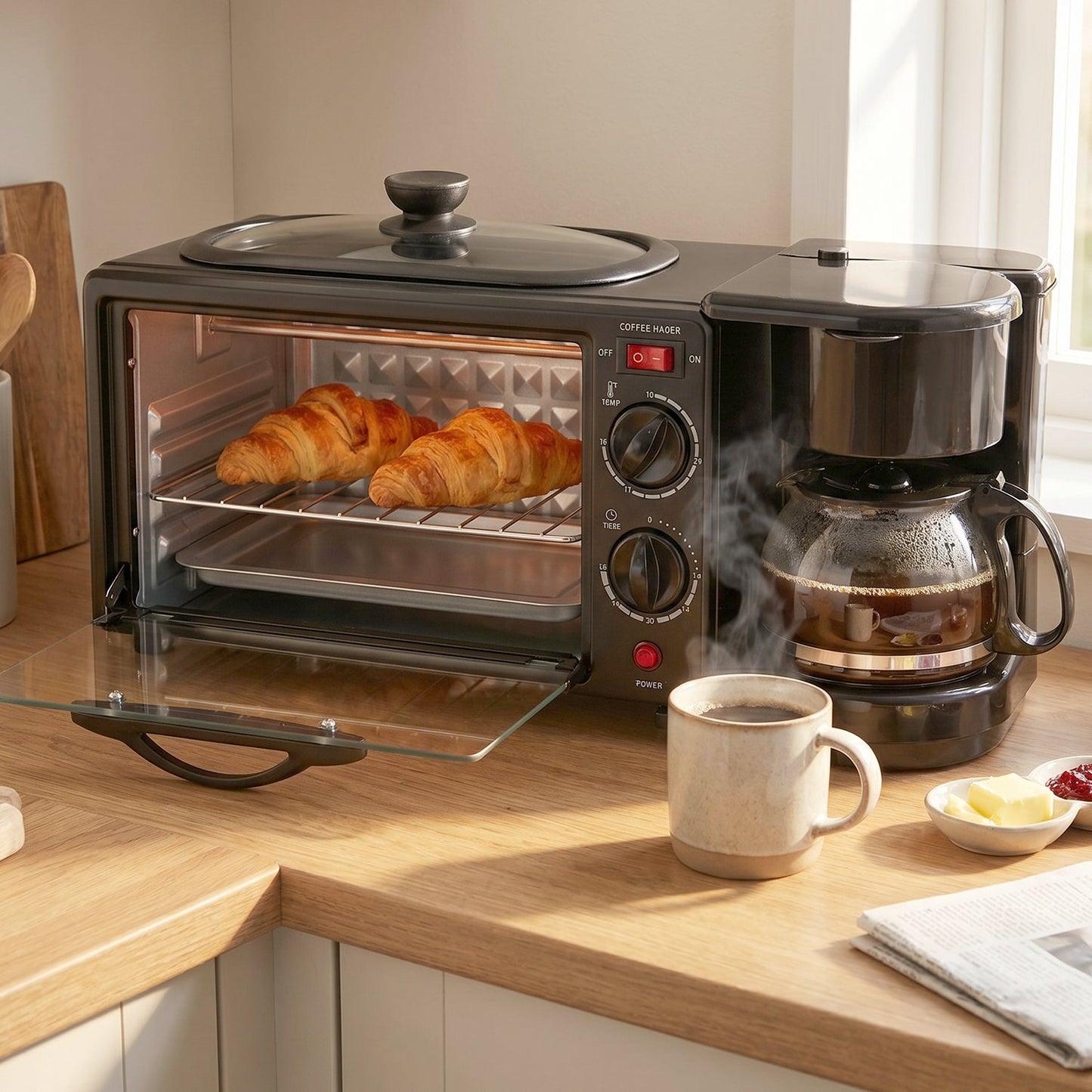 Wukusy Suta 3-in-1 breakfast maker with compact design, featuring a toaster, coffee maker, and egg cooker in a modern kitchen appliance.