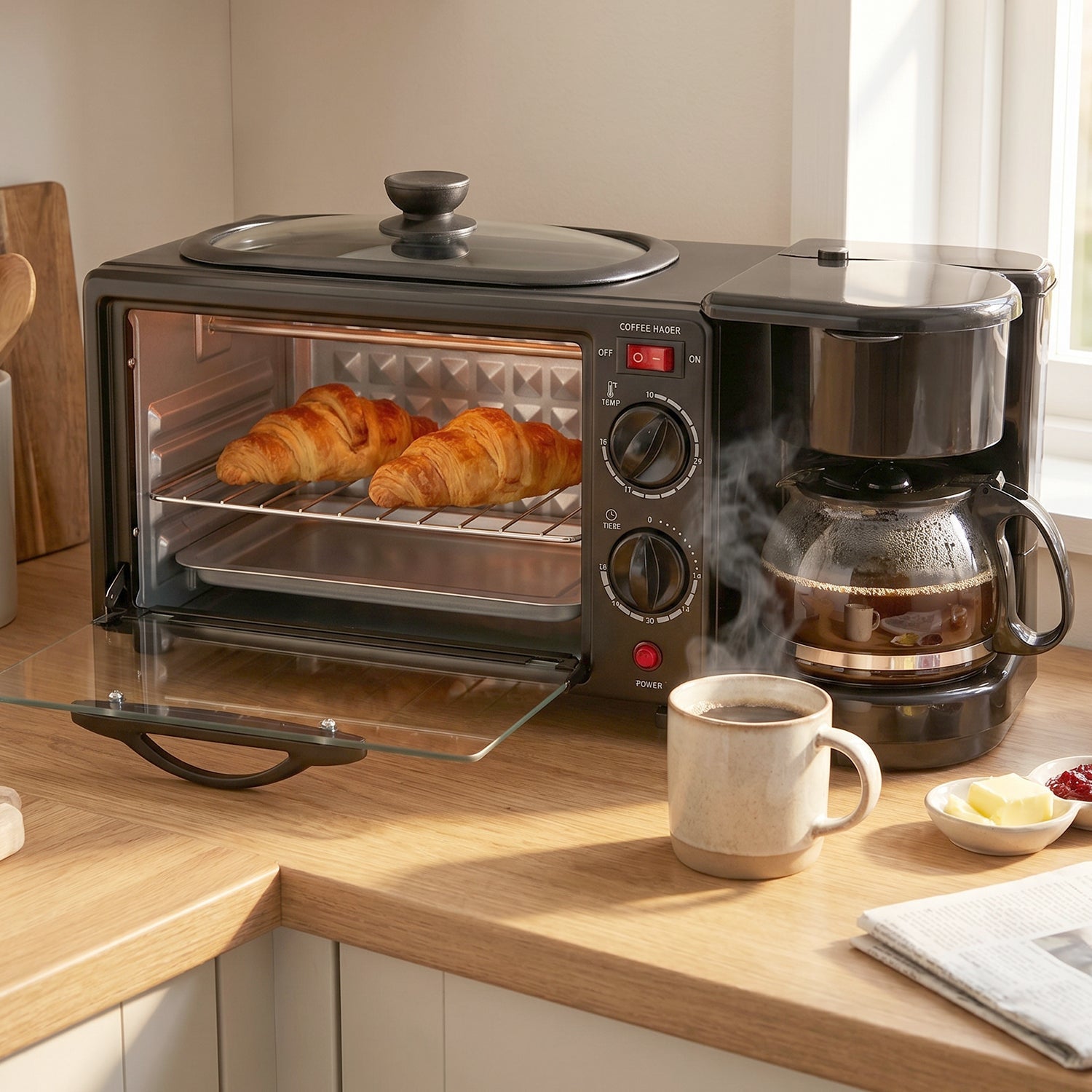 Wukusy Suta 3-in-1 breakfast maker with compact design, featuring a toaster, coffee maker, and egg cooker in a modern kitchen appliance.