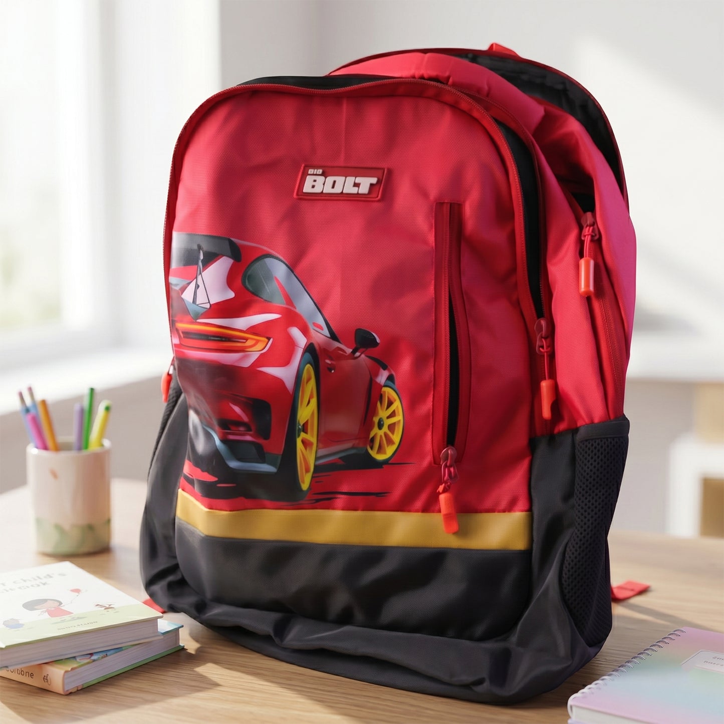 Wukusy 19-inch kids' school bag featuring a colorful car design with adjustable straps and spacious compartments.