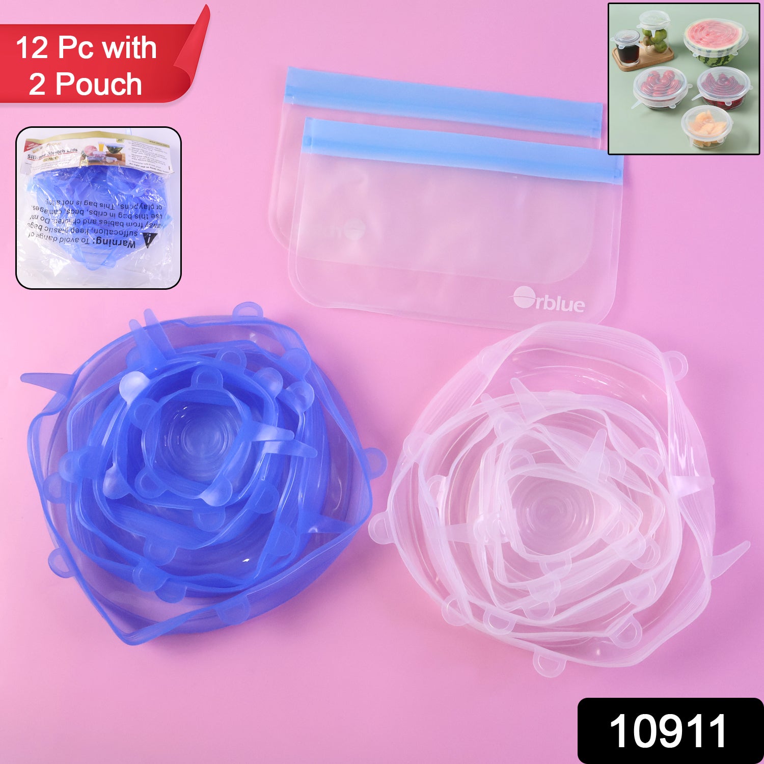 Wukusy 12-piece set of reusable flexible food cover lids with 2 storage pouches for keeping food fresh and covered.
