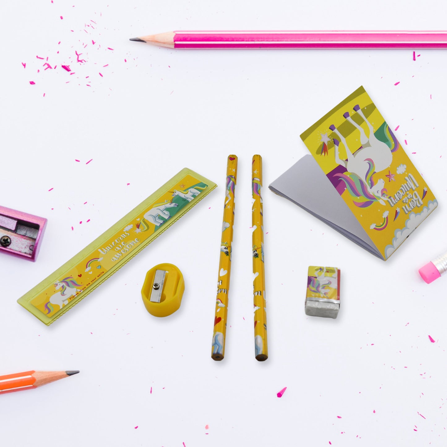 Wukusy 6-piece stationery set including pencil, ruler, rubber eraser, and pencil sharpener for school or office use