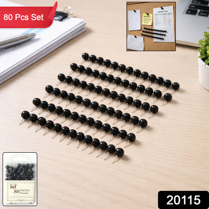 Set of 80 Wukusy round head push pins arranged in a container, showcasing their colorful metal heads and sharp pin points.