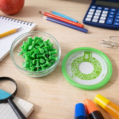 Set of 70 heavy-duty plastic head push pins from Wukusy, shown in a clear image with various pin heads and sharp points.