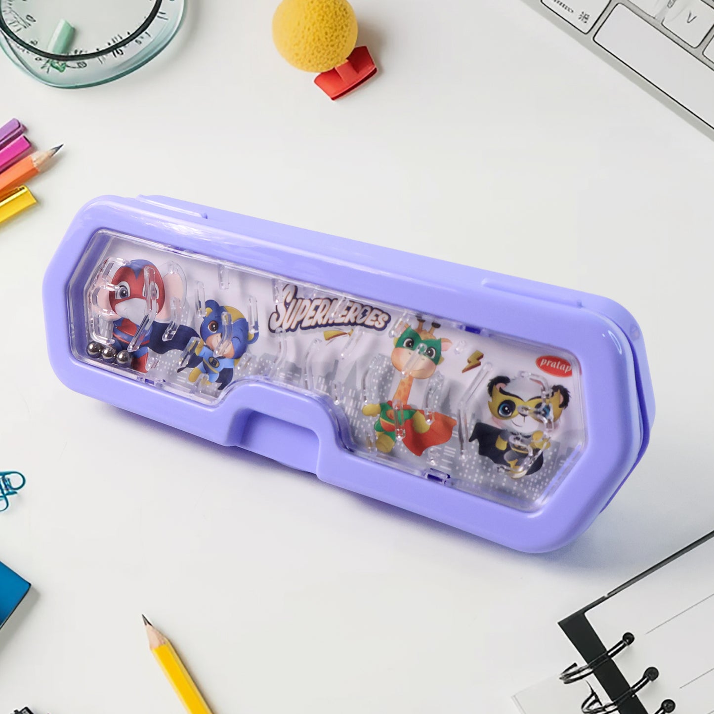 Wukusy cartoon character printed plastic pencil box with built-in maze puzzle game, ideal for office or school supplies.