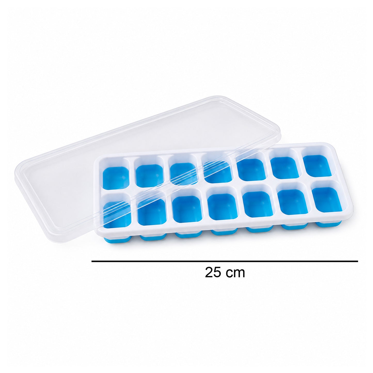 Wukusy plastic ice cube tray with lid, 14-grid, showing clear tray with ice cubes and matching lid for easy stacking