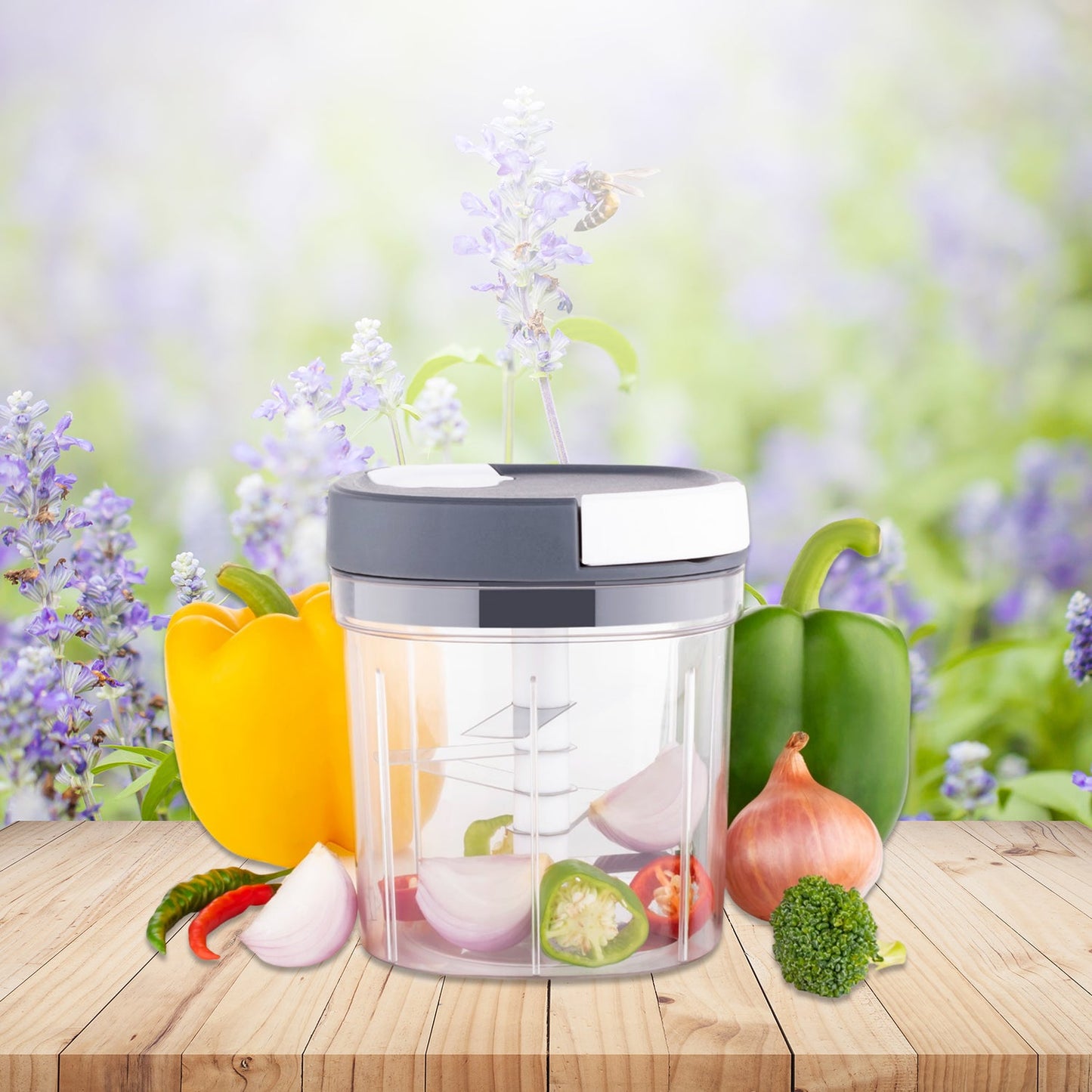 Wukusy 2-in-1 Handy Chopper and Slicer for chopping fruits, vegetables, cheese, and more in the kitchen.