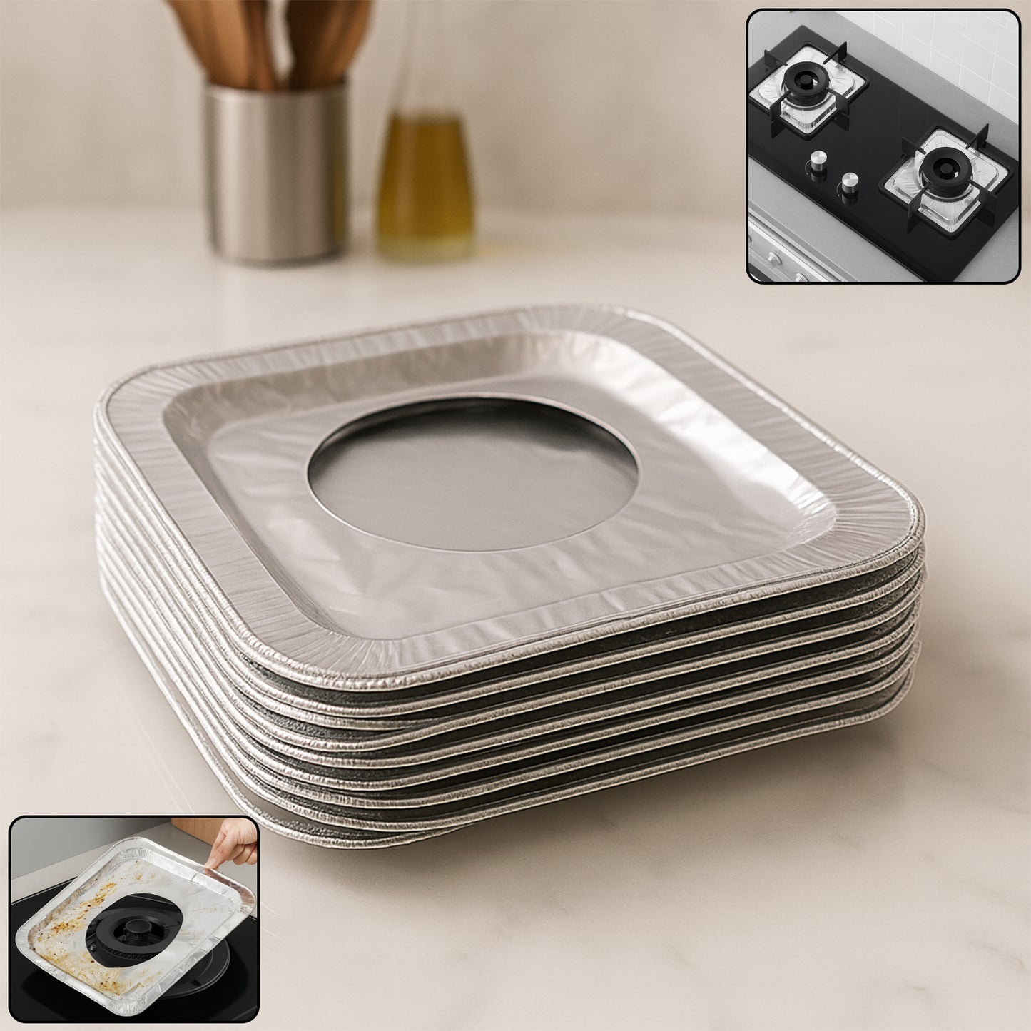 Set of 10 aluminum gas stove burner protector covers by Wukusy, 23x23 cm, for kitchen safety and easy cleaning.