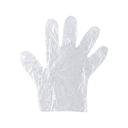 Pair of disposable small plastic gloves by Wukusy, suitable for kitchen food handling and cleaning tasks, shown in a close-up image.