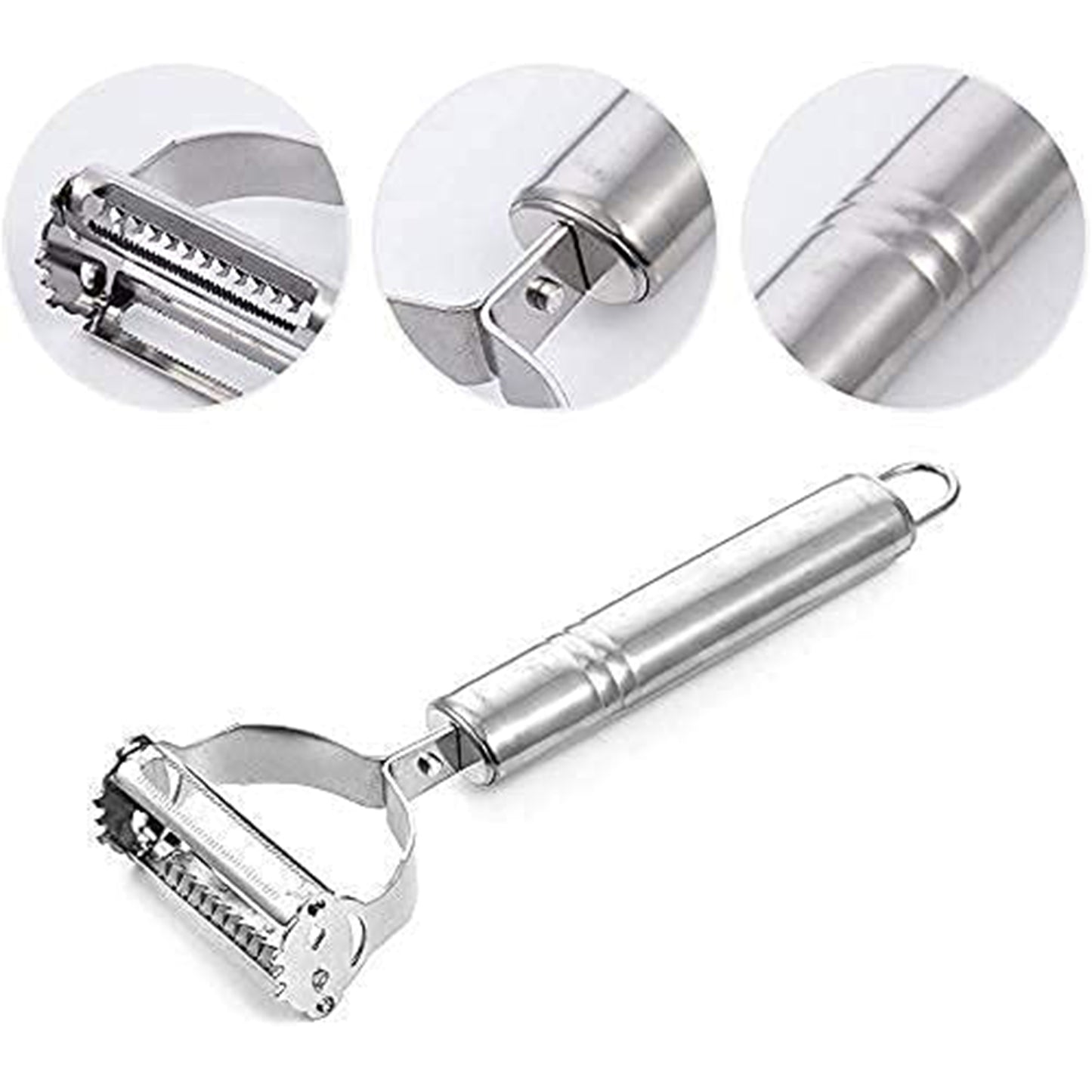Wukusy 3-in-1 stainless steel vegetable and fruit peeler set with three different peelers on a white background