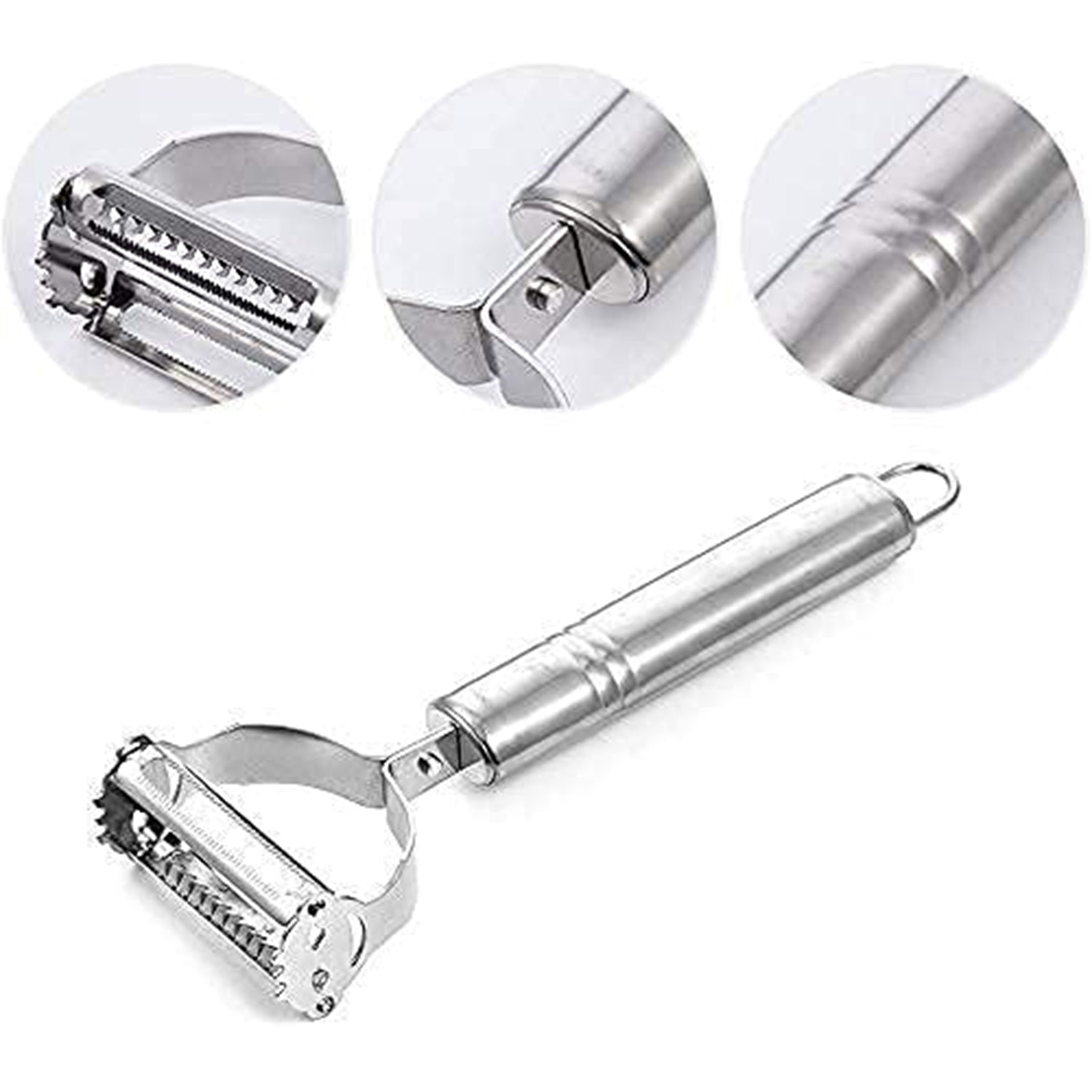 Wukusy 3-in-1 stainless steel vegetable and fruit peeler set with three different peelers on a white background